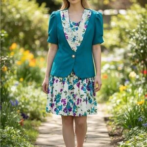 Vintage Blazer & Pleated Skirt Set Puff Sleeve Teal Floral Lace Trim collar 10